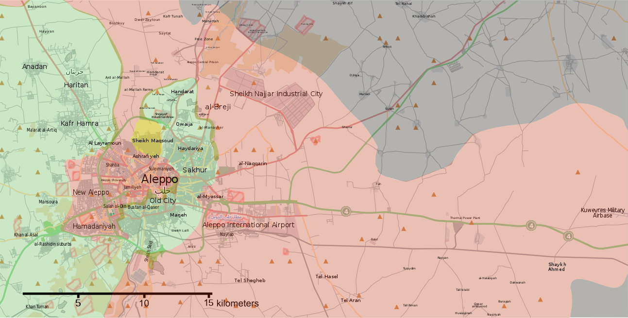 La situation à Alep le 6 août 2016, L'armée arabe syrienne a fait sa jonction au nord depuis mi-juillet. Les rebelles en vert, ont attaqué au sud et sont parvenus à briser le siège imposé aux quartier Est.
