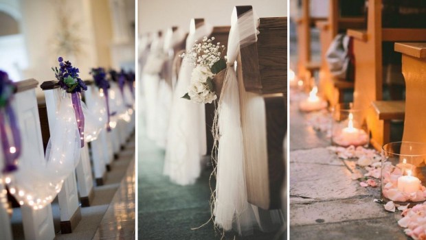 BANCS D'ÉGLISE DÉCORÉS POUR UN MARIAGE