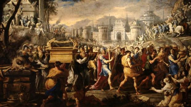 Le roi David portant l'arche d'Alliance à Jérusalem.