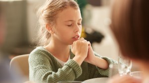 child, girl, pray, table, meal