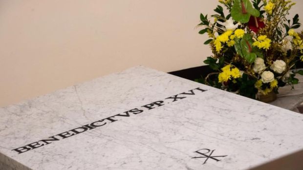 The tomb of late Pope Emeritus Benedict XVI inside the grottos of St. Peter's