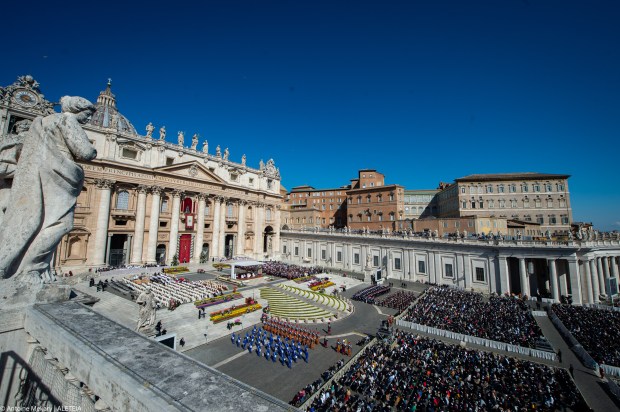 Pope Francis prays at the start of the Easter Sunday mass on April 9, 2023