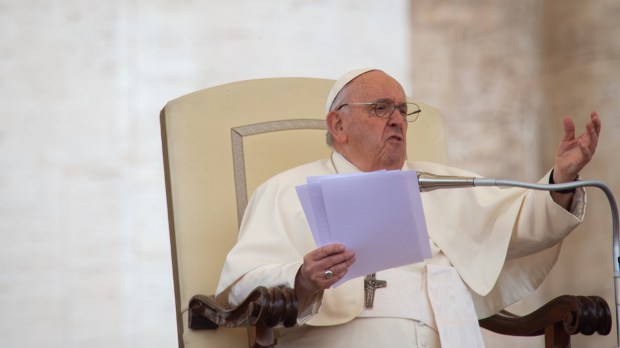 Pope Francis speaks on phone during hi weekly general audience