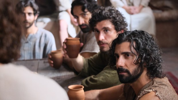 Judas, Big James, John, and Andrew listen to Jesus on The Chosen.