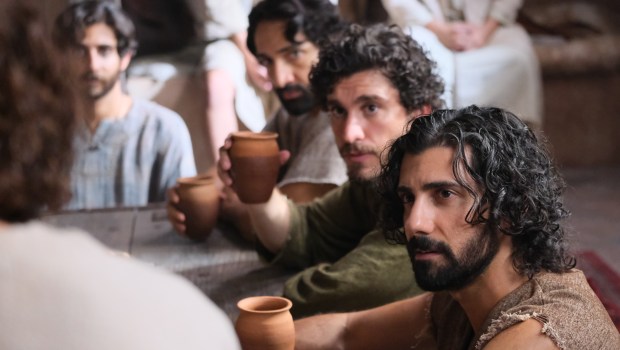 Judas, Big James, John, and Andrew listen to Jesus on The Chosen.
