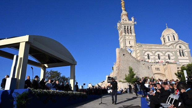 Pope Francis during a homage at the memorial dedicated to sailors and migrants lost at sea at the Basilica of Notre-Dame de la Garde in Marseille
