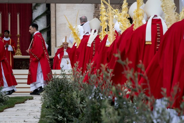 Pope Francis presides the Palm Sunday mass at St Peter's square in the Vatican on March 24, 2024