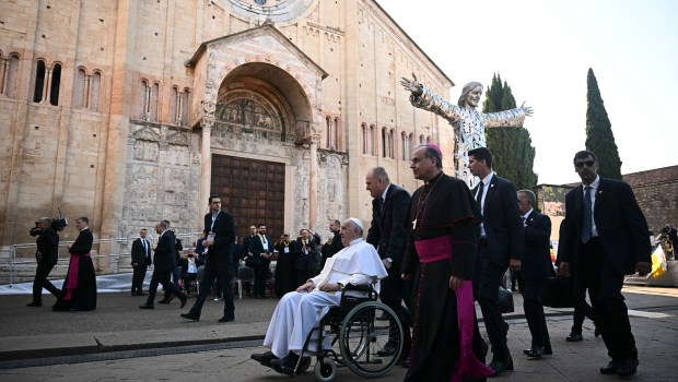 Pope Francis arrives at the Basilica of San Zeno during a visit in Verona, on May 18, 2024.